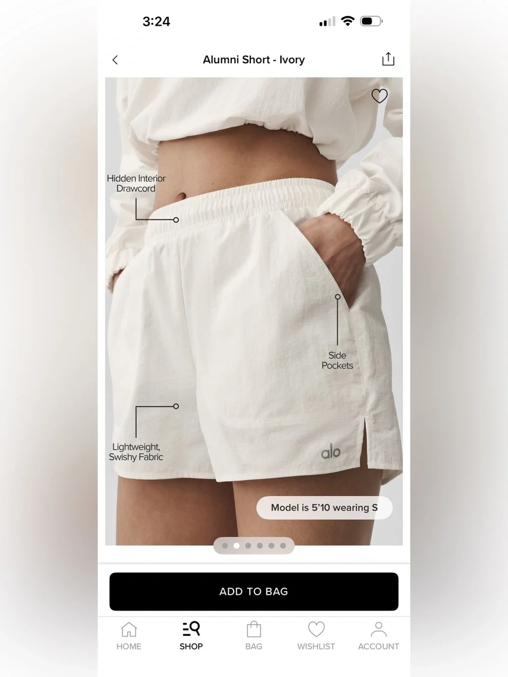 Alo Yoga Alumni Short White XS/S Nylon Side Pockets